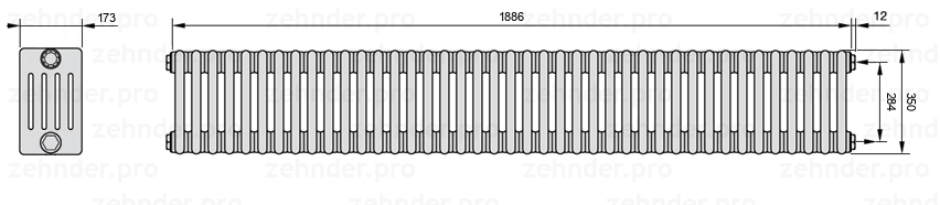Схема (чертеж) Радиатор Zehnder Charleston 5035/41 №7610 Белый глянцевый RAL 9016
